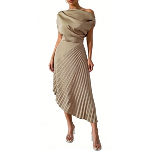 Robe midi asymétrique à une épaule pour femme - Robe de soirée plissée tendance - Product Image 4