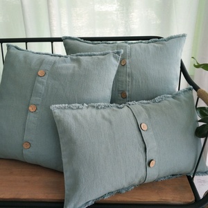 Wholesale Cushion Cover Pillowcase 100% Flax Linen Beige <b>Striped</b> Plaid Pattern Chair Cover Bamboo Shell Button Pillow Cover <b>Set</b> - Product Image 4