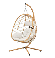 Fauteuil suspendu d'extérieur en rotin tressé avec support et coussins, siège balançoire œuf pour patio, jardin, bord de piscine, terrasse, balcon
