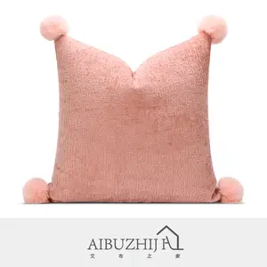 AIBUZHIJIA 2023 Kids Pink Rabbit Cushion Cover Animal Pillow Cover Hairball Decoration Applique Embroidery Pillowcase