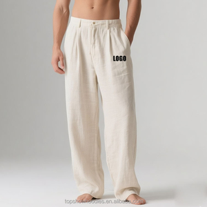 Pantalones holgados de lino y algodón de pierna ancha con bolsillos laterales de cintura alta informales personalizados OEM para hombre - Product Image 1