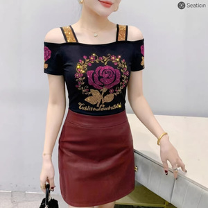Nueva Blusa de Verano para Mujer, Exquisita, <span class=keywords><strong>con</strong></span> Pedrería, de Malla de Seda Helada, Manga Corta, <span class=keywords><strong>con</strong></span> Hombros Descubiertos y <span class=keywords><strong>Espalda</strong></span> Estilizada - Product Image 4