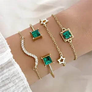 Vintage Accessories Women Jewelry Emerald Rhinestone Stars Chain Bracelet Sets