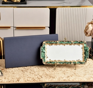 Luxury Green Marble Gold Embossed Bone China Serving Tray Baroque Style Rectangular Platter With Handles - Product Image 2