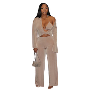 2023 américain Boutique en gros trois pièces femmes ensembles Sexy Bikinis automne Cardigan <span class=keywords><strong>velours</strong></span> jambe large <span class=keywords><strong>pantalon</strong></span> taille élastique hiver - Product Image 5