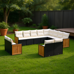 Conjunto de Sofás de Jardín de Ratán Moderno, Color Negro Crema, Muebles de Exterior para 10 Personas, Resistentes a la Intemperie, Panel de Teca, Diseño Contemporáneo - Product Image 2