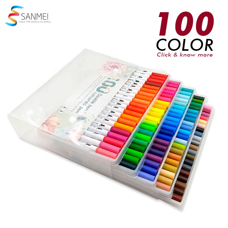 水彩チップブラシペン 100色❤️ 100色ミクロンペン水彩デュアルチップブラシペン描画用アート