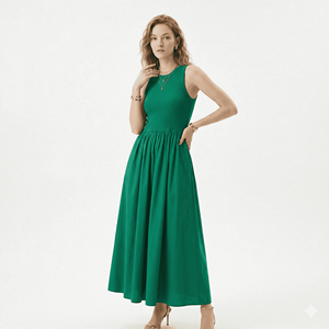 Robe longue maxi plissée unie à taille haute, sans manches, col rond, vert décontracté, pour femme, personnalisable OEM, idéale pour l'été - Product Image 2