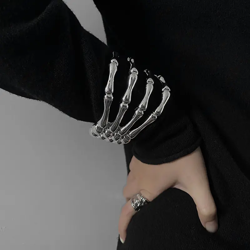 Steam Punk Skull Skeleton Gothic Hand Elasticity Silver Adjustable Bracelet For Men Women Couple Bangles Jewelry