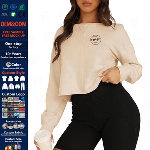 Oem all'ingrosso Logo personalizzato oversize morbido <span class=keywords><strong>Beige</strong></span> Tshirt a manica lunga a manica lunga Tee a tracolla da donna a manica lunga <span class=keywords><strong>Top</strong></span> corto da donna - Product Image 1