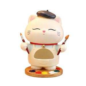 Sculpture de chat <span class=keywords><strong>peintre</strong></span> avec rangement - Figurine artisanale en polyrésine personnalisée pour bureau et entrée, idéale pour ranger les petits objets - Product Image 1