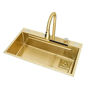 OEM/ODM rechteckige 304 Schüssel Unterbaugruppe goldene Farbe Edelstahl handgefertigt intelligent wasserfall multifunktionale Küchenspüle