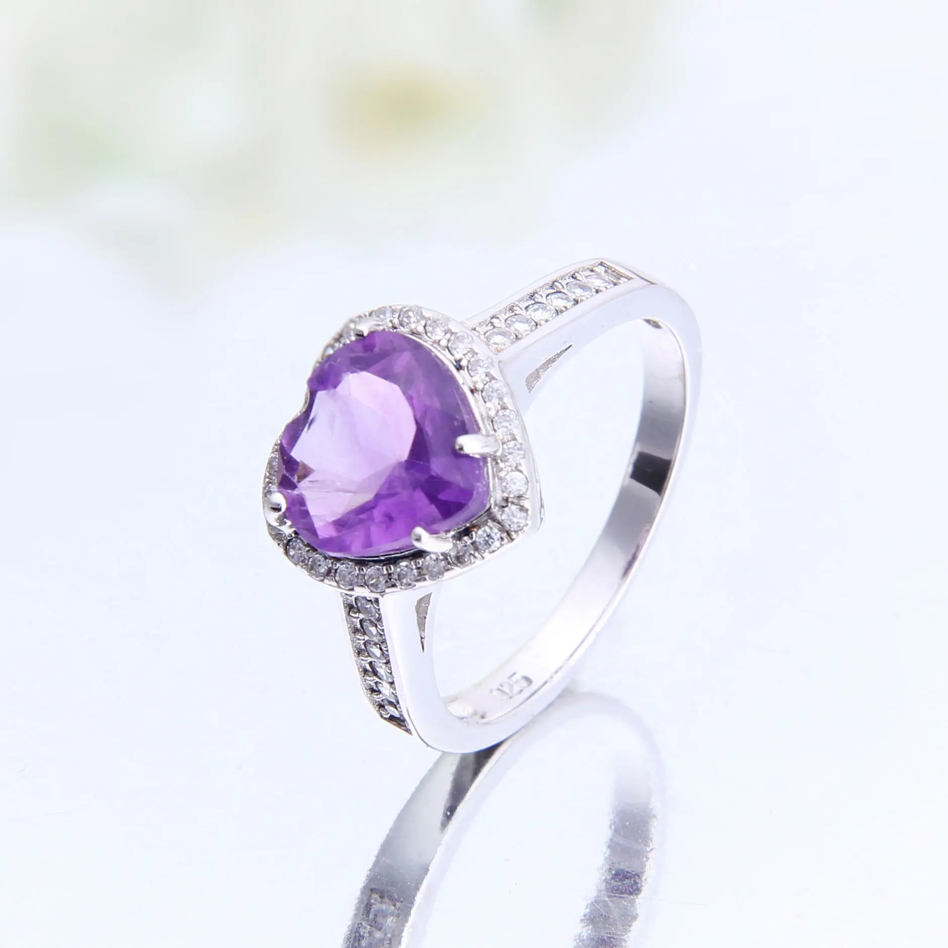 Abiding New Style Fashion Ring Jewelry White CZ Diamond 925 Sterling Silver Heart Amethyst Women's Engagement Rings