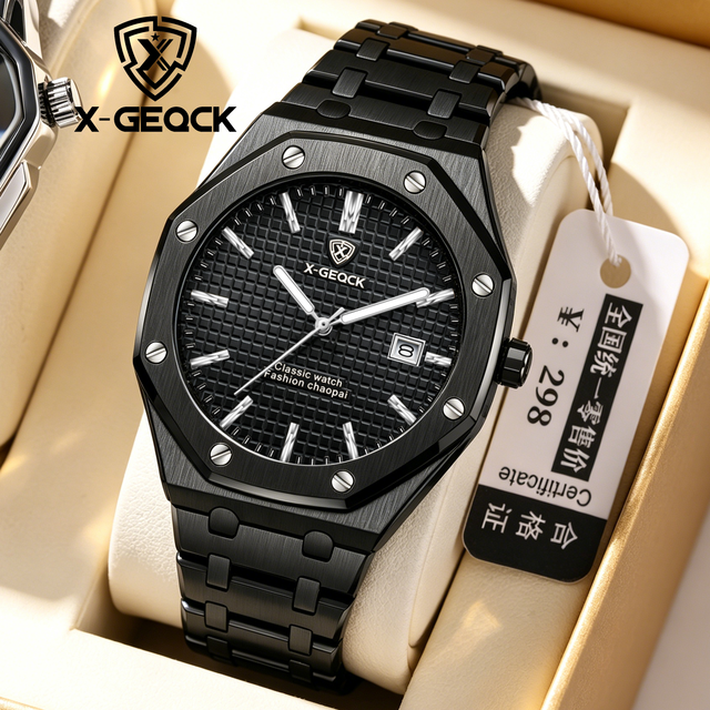 X-GEQCK High Quality  Men Sport Watch Stainless Steel  Fashion Sporty Luxurious Design Waterproof Luminous Quartz Watch