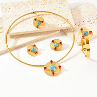 Ensemble de bijoux pour femmes en acier inoxydable de luxe, rond, serti de diamants rétro à la mode, 4 pièces