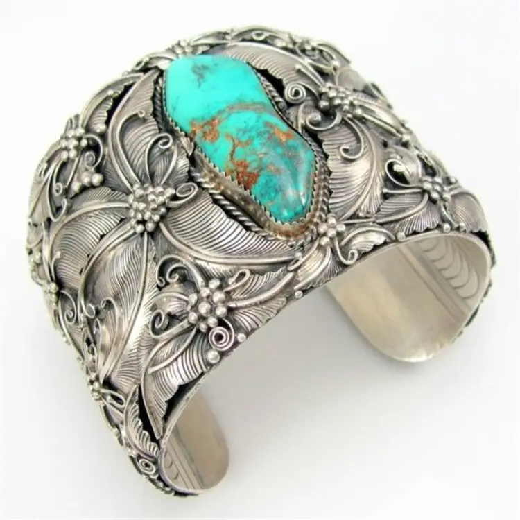 Classic Indian Style Vintage Tibetan Silver Fashion Turquoise Bangle Butterfly Jewelry Cuff Silver Wide Bracelet