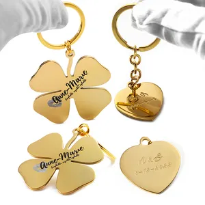 Chaveiro de metal personalizado em forma de coração, trevo de quatro folhas, chaveiro em aço inoxidável dourado, envio rápido