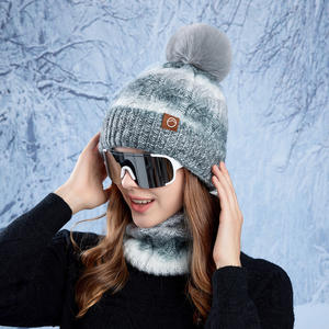 Wholesale Winter Thick <strong>Fleece</strong> <strong>Lined</strong> Knit <strong>Bobble</strong> <strong>Hat</strong> and Neck Warmer Scarf Set for Women - Product Image 3