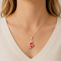 Pendentif Chaussette de Noël en laiton plaqué or 14K avec émail rouge et zircon, breloque de fête pour collier, accessoire cadeau DIY