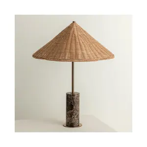 SHIHUI Modern Luxury Hotel Lobby Living Room Natural Stone Marble Decoration 1 Light Brown Marble Table Lamp With Rattan Shade