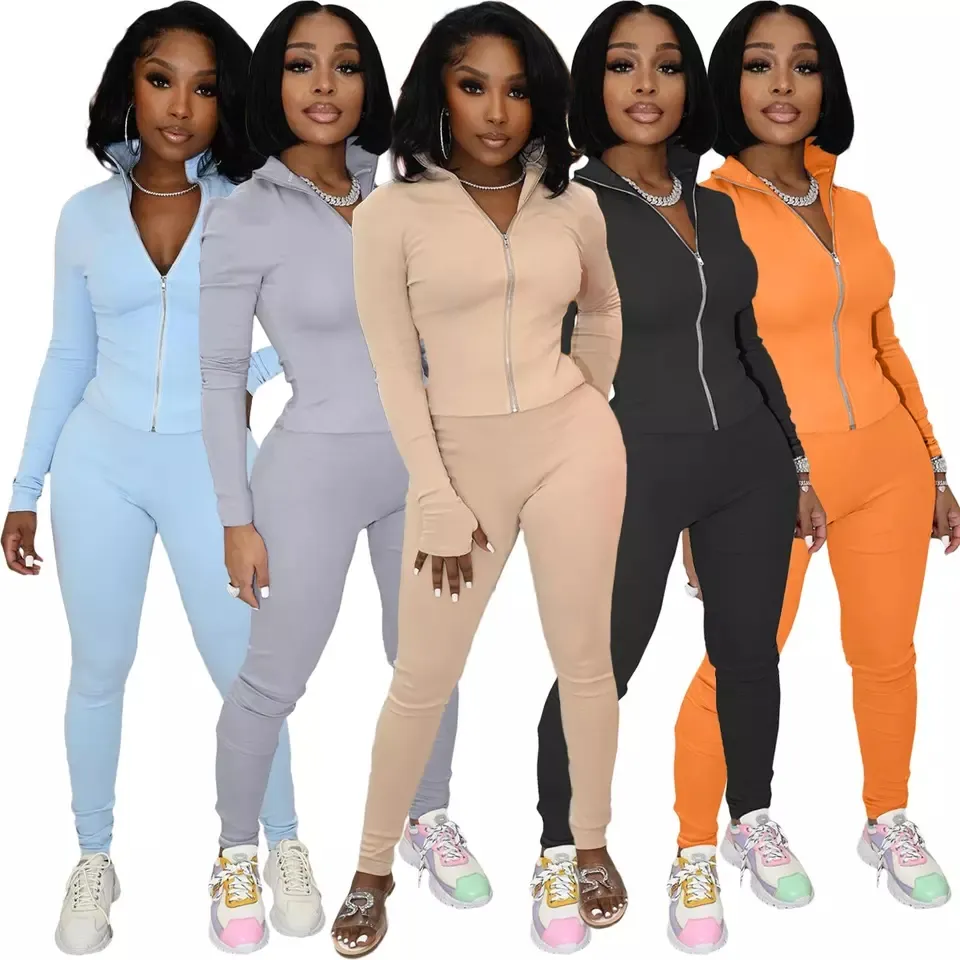 2022 Fall Women Solid Color Thumb Hole Track Suit Womens Tracksuit Blank Jogger Sets 2 Piece Zip Up Long Sleeve Set For Fashion