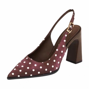 Sandales à talon bloc à pois style coréen, dos nu, bout fermé, avec bride arrière, élégantes, à bout pointu, talons hauts pour femmes - Product Image 5