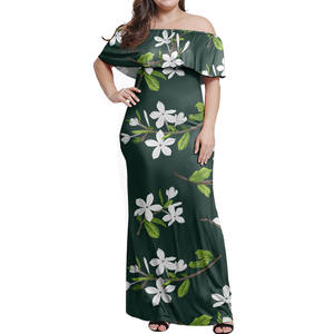 Vêtements personnalisés pour couples, robe moulante imprimé de fleurs hawaïennes de <span class=keywords><strong>Polynésie</strong></span>, robes de soirée grande taille à épaules dénudées pour femmes, chemises assorties pour hommes - Product Image 2