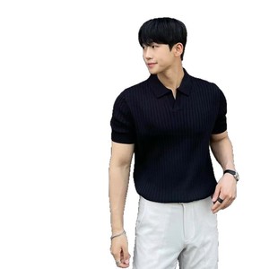 Polo à manches courtes rayé pour homme, coupe ajustée, respirant, couleur unie, tricot décontracté, blanc, noir, vert, abricot, MLXL2XL3XL - Product Image 5