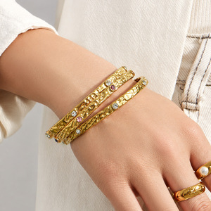 Waterproof Hammer Pattern High Polish Cuff Bangle Colorful Zircon Stainless Steel Gold Plated Female <b>Bracelet</b> - Product Image 4