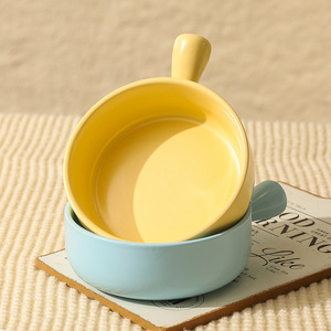 Free shipping, high-quality ceramic bowl with handle, cute solid color, dessert bowl, short-handled salad bowl, <b>microwave</b> safe. - Product Image 3