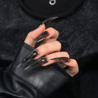 10 faux ongles à presser, design encre lavée griffe de dragon, courbés, transparents, dégradé fumé, forme stiletto, brillants, marbrage sombre gothique