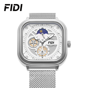 FIDI – montre mécanique automatique pour hommes, boîtier carré argenté, bracelet en maille, phase solaire, cadran multi-squelette, résistante à l'eau, à la mode - Product Image 3
