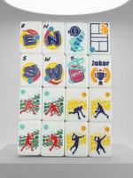 Jeu de Mahjong Américain Moderne en Acrylique Blanc Ivoire à Thème Pickleball, Tuiles de Mahjong Colorées à Motifs Sportifs, Raquette
