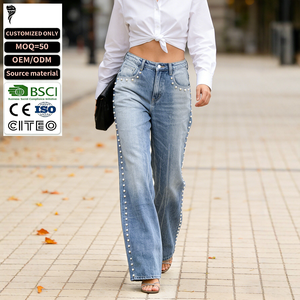 Jeans de mezclilla de mujer OEM ODM personalizados, transpirables, de verano, de cintura alta, de pierna ancha, con lavado arrugado y ajuste holgado - Product Image 1