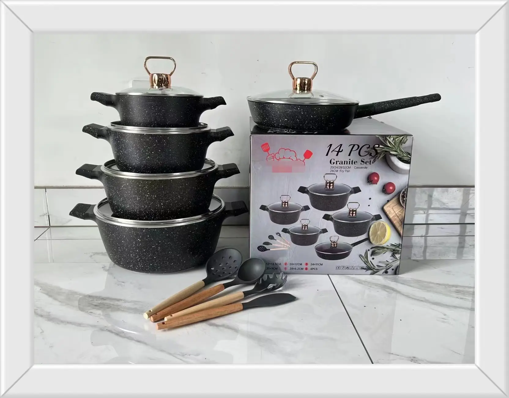 中国工場14個アルミノンスティックロイヤルキッチン調理器具鍋セットステンレス鋼ガラス装飾デザートスープ調理