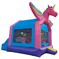 Château gonflable DST Unicorn Pegasus en PVC, capacité supérieure à 500 kg, dimensions 4x4x4 m, ailes arc-en-ciel, thème rose/bleu/violet