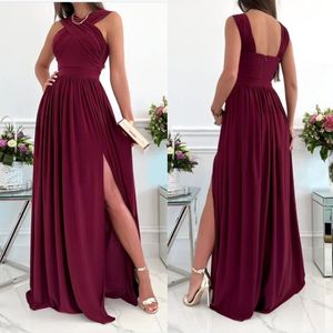 Mujeres <span class=keywords><strong>Prom</strong></span> boda Vestido largo Sexy Halter espalda descubierta hendidura vestido de fiesta de cintura alta plisado señora vestidos elegantes - Product Image 6
