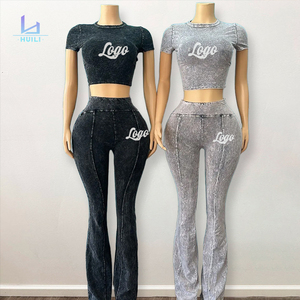 Produttore Huili manica corta Skinny Crop <span class=keywords><strong>t</strong></span> Shirt gonna 2 pezzo Slim Fit tinta unita logo personalizzato da donna set Loungewear - Product Image 2