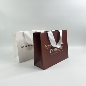 Sacs shopping en papier kraft personnalisés - Sacs cadeaux en papier avec poignée élastique blanche et logo imprimé blanc - Product Image 4
