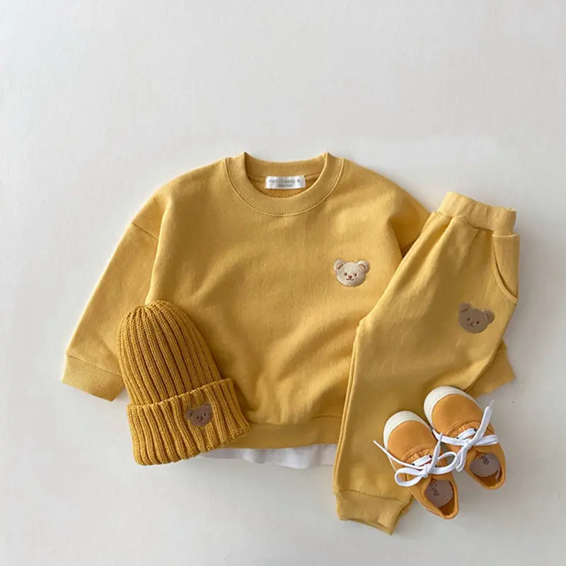 Set Sweter + Celana Leher Bulat Beruang Kartun Katun Lengan Panjang Anak-anak Musim Gugur 8230245 Setelan Jas Anak Perempuan Balita