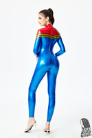LatexCatfish Combinaison en latex rouge et bleu métallisé pour femme, épaisseur 0,4 mm, avec fermeture éclair frontale à 3 voies