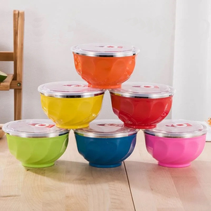 Hai lớp Thép không gỉ salad trộn bát đầy màu sắc thép không gỉ nhà bếp bát với nắp đáng yêu gạo súp bát cho bé - Product Image 1