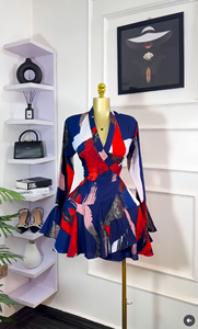 Livraison Rapide SU63071 Robe Courte Femme Imprimée à Col V Manches Longues Ourlet Évasé Ceinture à Nouer pour Soirée - Product Image 2