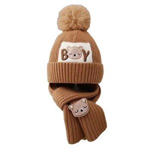 Ensemble bonnet et écharpe <span class=keywords><strong>deux</strong></span> pièces pour bébé garçon, motif petit ours jacquard tricoté, en coton chaud, collection automne-hiver - Product Image 5