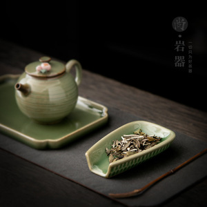 Cuillère à thé en céramique, glaçure verte en bambou, forme plate, accessoire réutilisable pour la dégustation du thé, usage domestique - Product Image 3