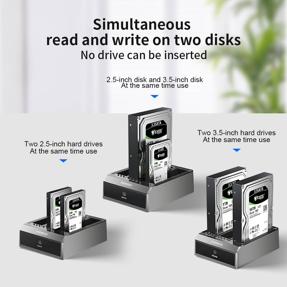 FIDECO Harde Schijf Docking Station, USB 3.0 SATA Externe Harde Schijf voor 2,5 en 3,5 inch SATA HDD of SSD, Ondersteuning voor Offline Kloon, TF- en SD -Kaartlezer en 2x 18TB Harde Schijven