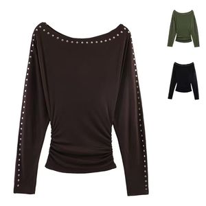 Camiseta de Manga Larga con Hombros Descubiertos y Corte Recto para Mujer, con Tachuelas, Ajustada, Nueva Llegada - Product Image 1