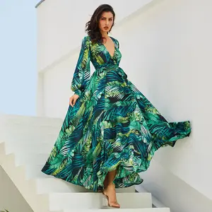 5106 Long Sleeve Dress Green Tropical Beach Vintage Maxi Dresses Boho Casual V Neck Belt Lace Up Tunic Draped Plus Size Dress