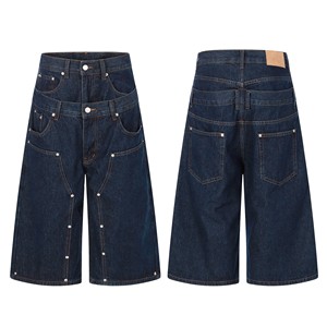 Shorts en jean délavé personnalisés pour hommes, double épaisseur aux genoux, style vintage, effet usé, coupe ample et respirante, jambe large, streetwear, jorts - Product Image 1