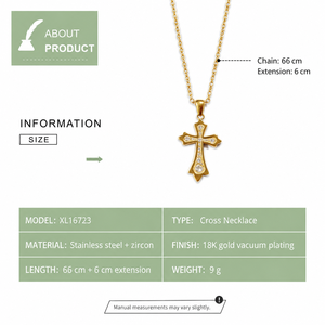 Collier pendentif croix en acier inoxydable avec incrustation de zircon, plaqué or 18 carats sous vide, option or, chaîne de 66 cm, tons or et argent - Product Image 5